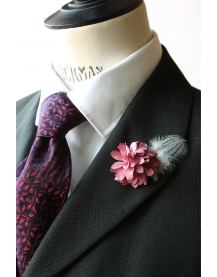 Flower and Feather Lapel Pin - Old pink Dahlia Flower and silver pheasant feather