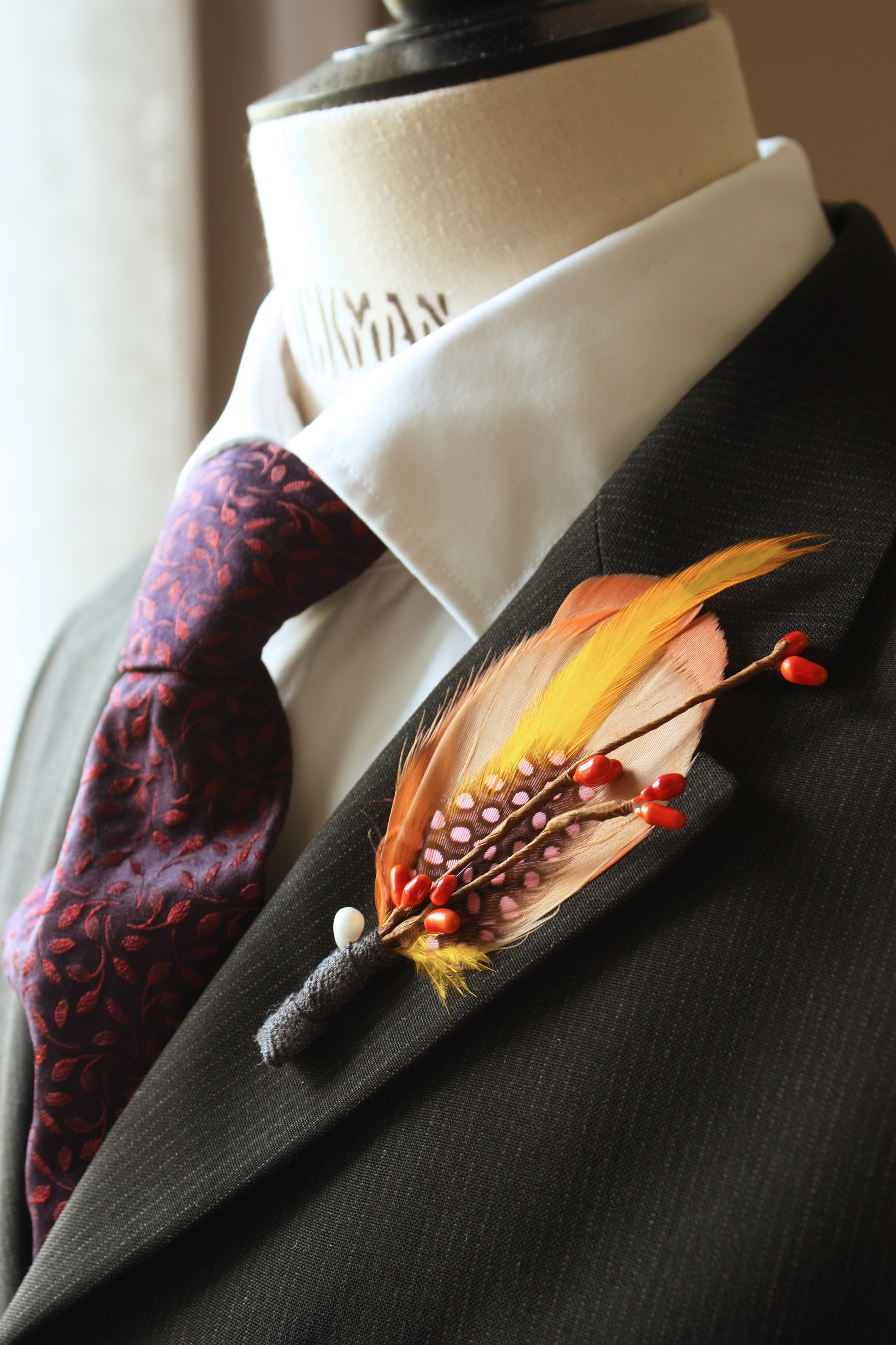 Hat Feather Mens lapel pin buttonhole Boutonniere feathers groomsmen groom 